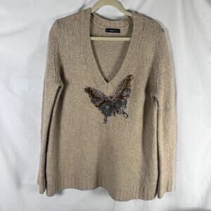 Zara Women's Tan Beige Alpaca Wool Knit Butterfly Sequin Beaded Sweater Top Sz M